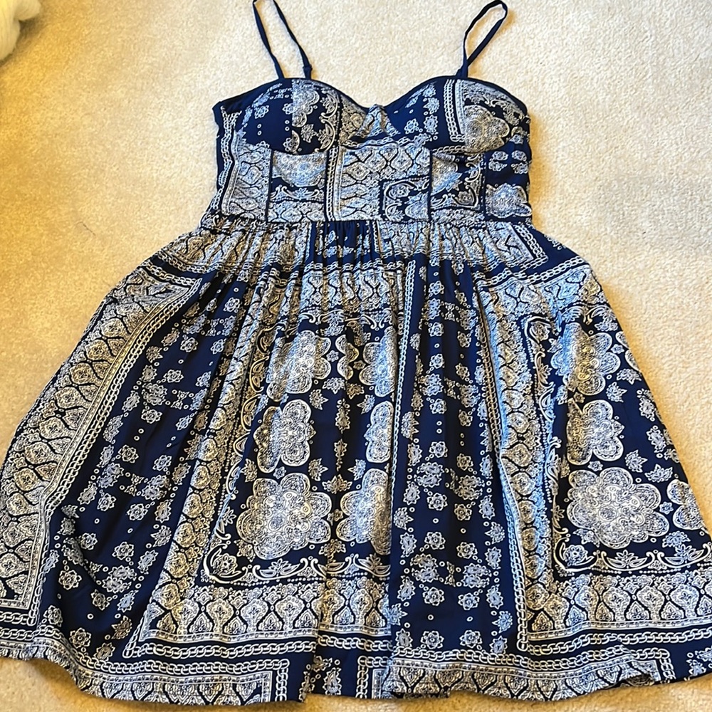 Blue and white print dress